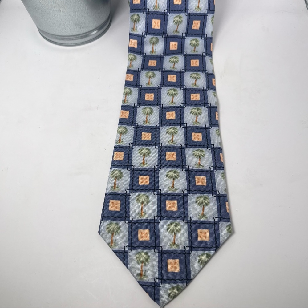 Tommy Bahama Vintage Palm Tree Silk Neck Tie Blue & Peach Squares Preppy Beach